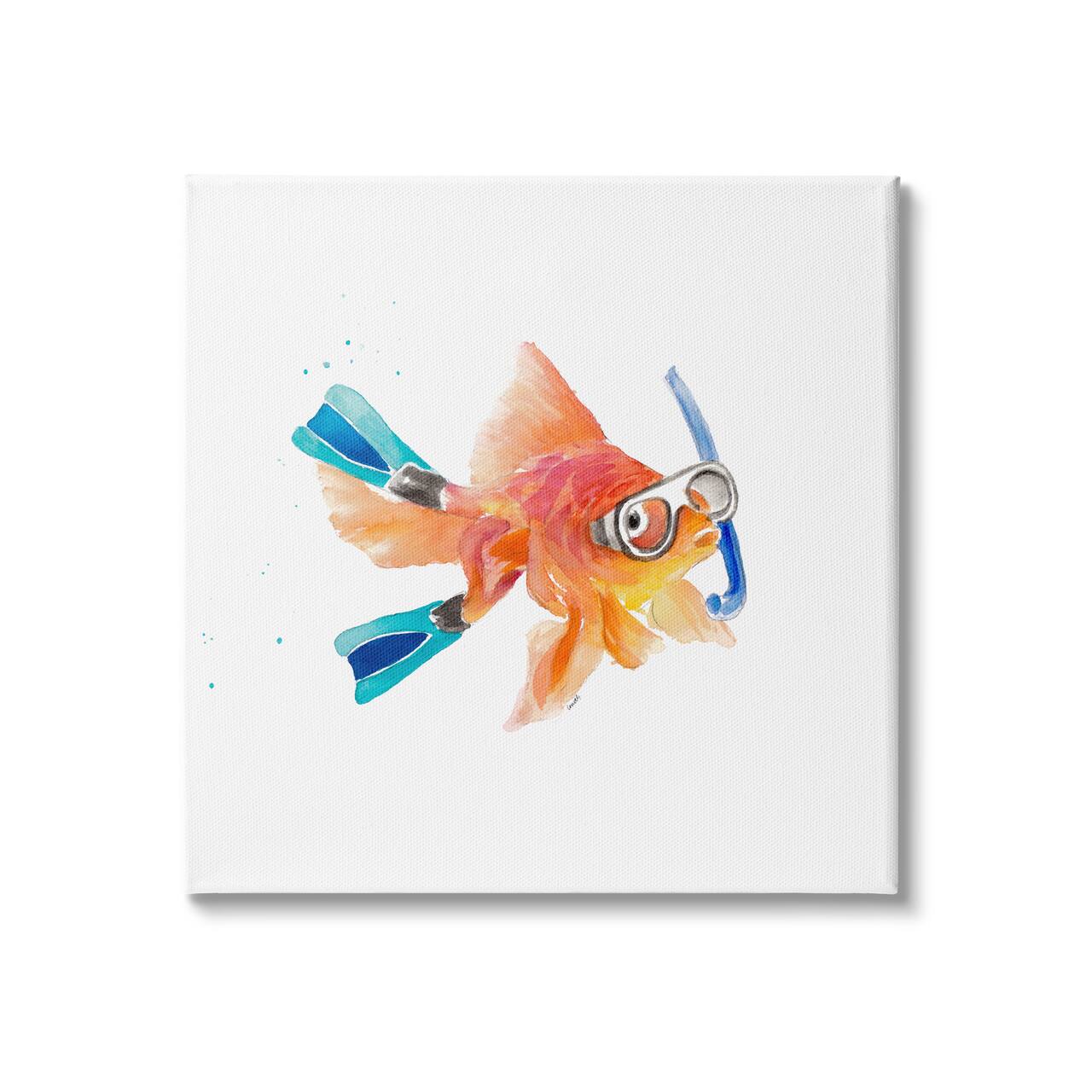 Stupell Industries Goldfish Pet Blue Snorkel Gear Funny Swimming Fish Canvas Wall Art